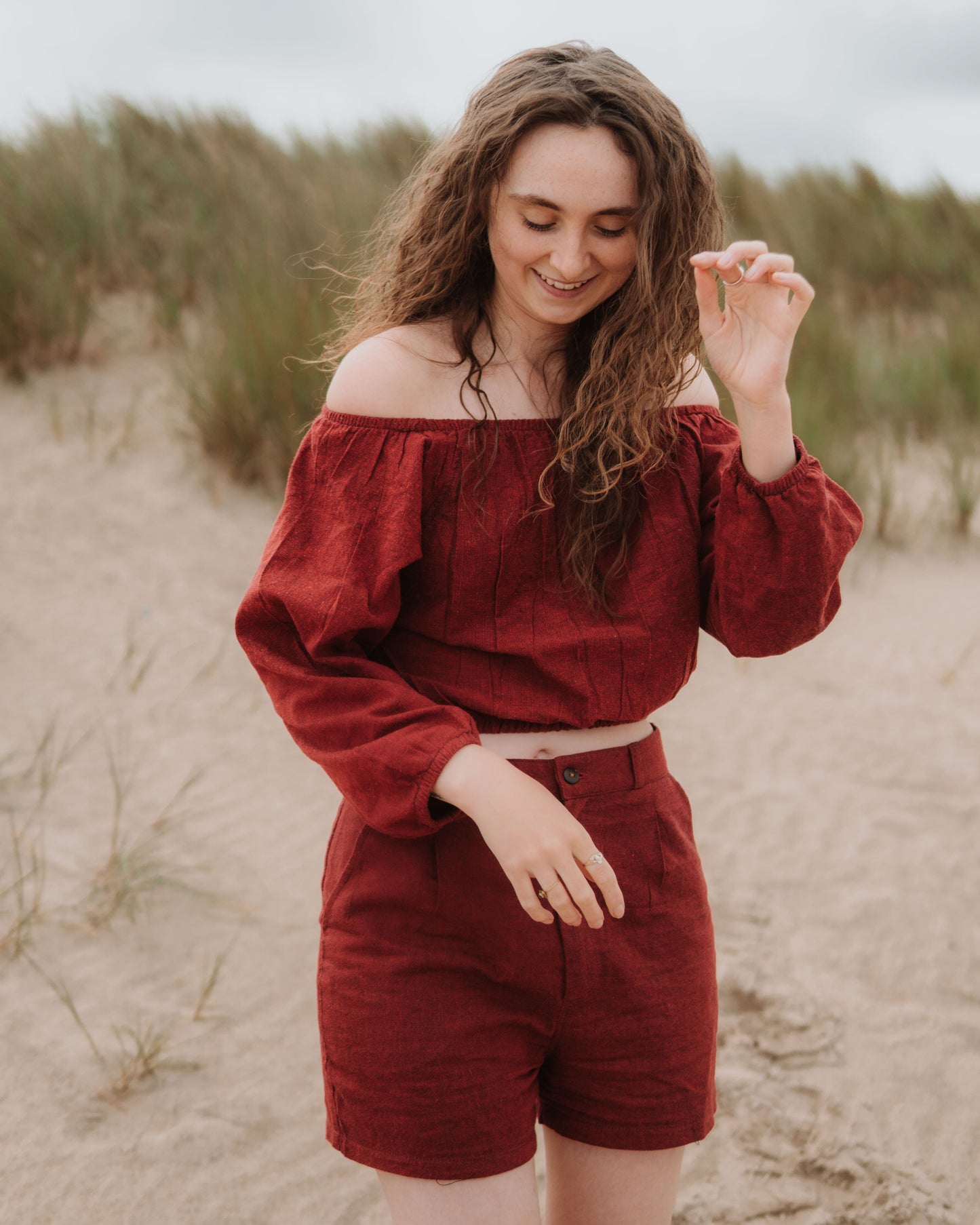 Clothing & Accessories > Clothing > Shirts & Tops Jannu Of-The-Shoulder Top - Burgundy Hemp & Hope ethical sustainable handmade