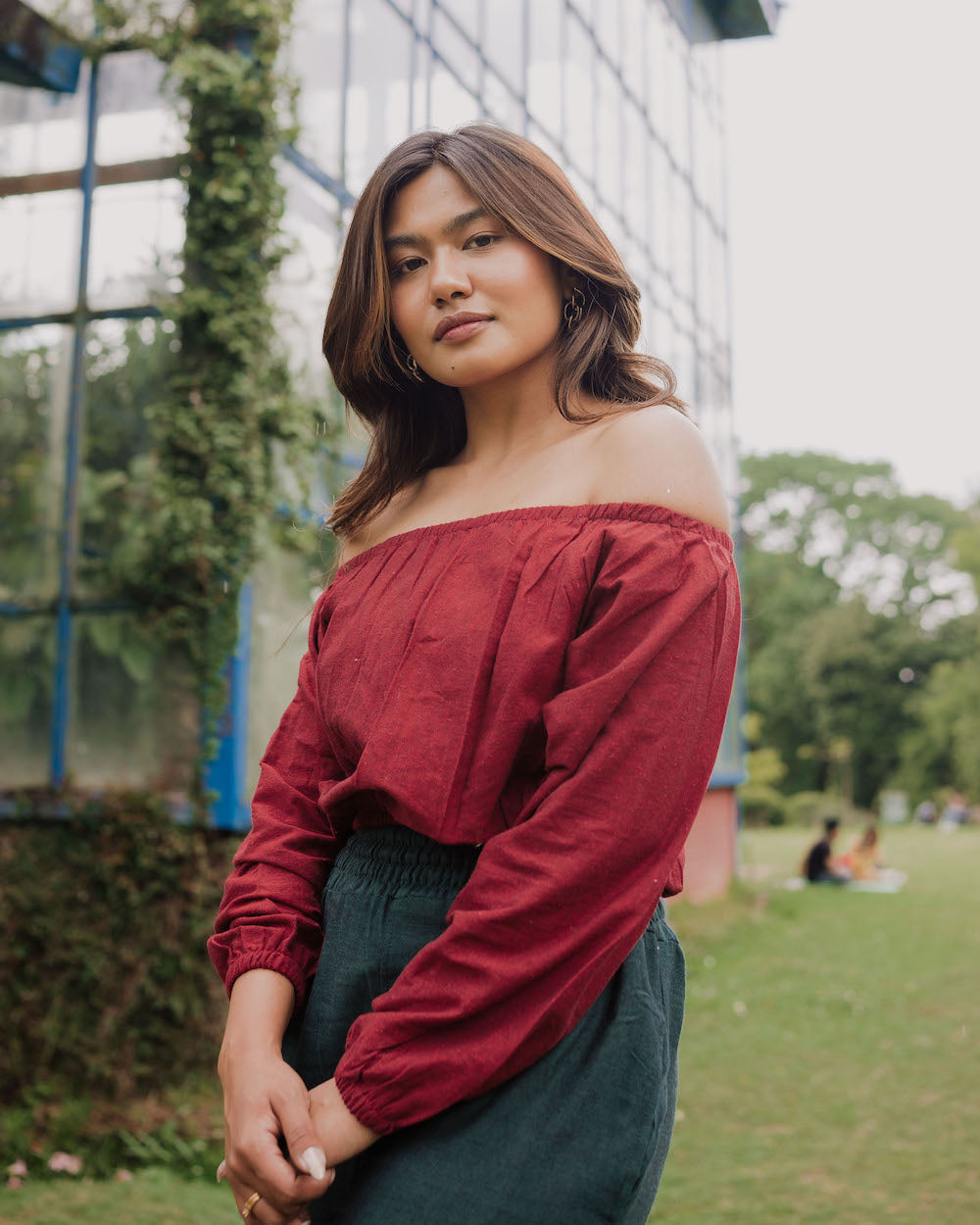 Clothing & Accessories > Clothing > Shirts & Tops Jannu Of-The-Shoulder Top - Burgundy Hemp & Hope ethical sustainable handmade