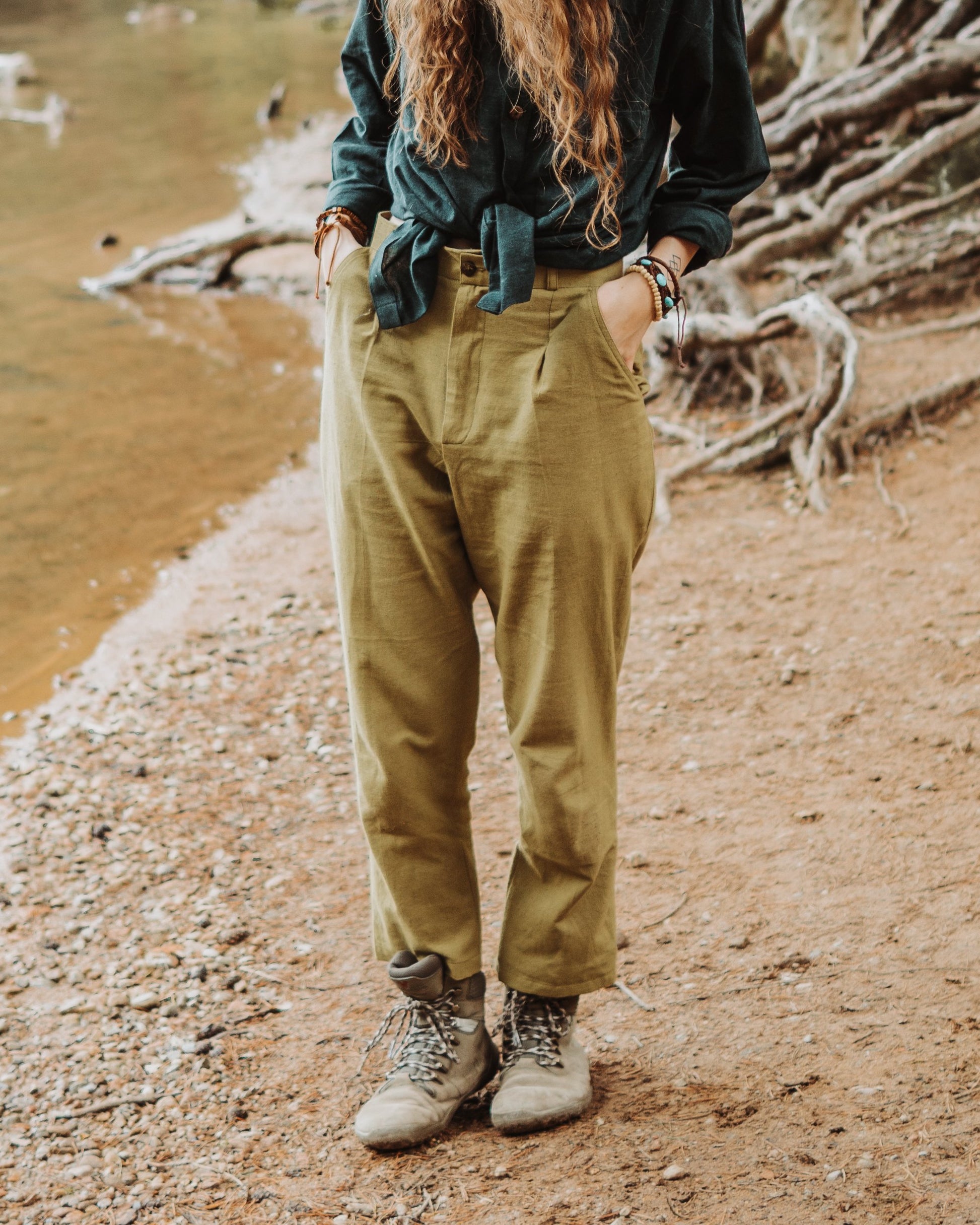 Clothing & Accessories > Clothing > Shirts & Tops Women's Fitted Trousers - Green Hemp & Hope ethical sustainable handmade